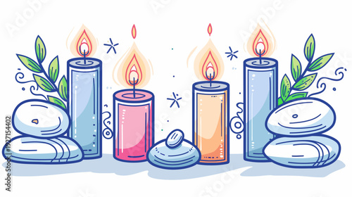 Colorful illustrated candles with flames, stacked stones, and green sprigs on a white background