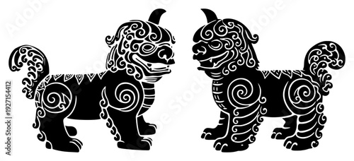 Stylized pair of Asian guardian lion statues with traditional patterns in black and white vector art