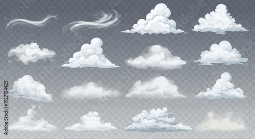 Collection of Realistic Cumulus Clouds and Wind Swirls on Transparent Background