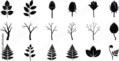 Collection of various tree and leaf silhouettes