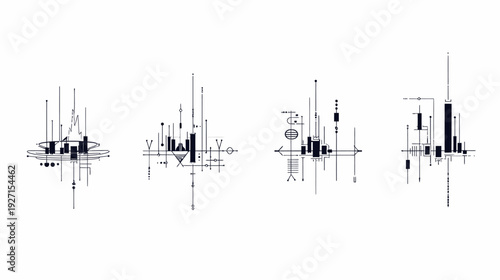 Four abstract, minimalistic architectural designs composed of lines, shapes, and dots in black and white