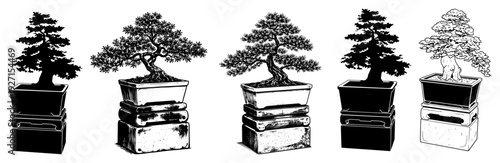 Collection of five bonsai trees in various artistic ink sketch and silhouette styles