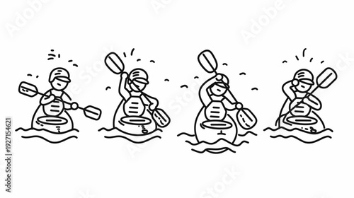 Four black and white line drawings show kayakers paddling on the water