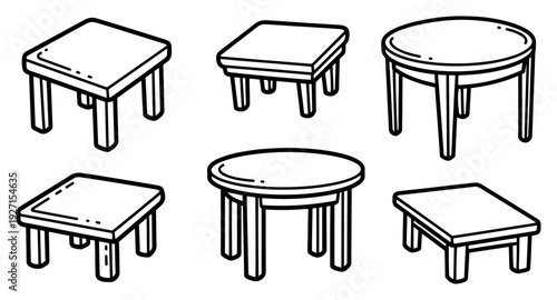 Collection of various square and round wooden tables in simple line art style