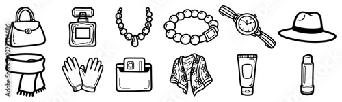 Large collection of womens fashion accessories and lifestyle essentials in hand drawn line art