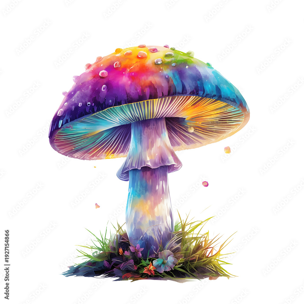 Fototapeta premium Watercolor fantasy mushroom with rainbow colors and dewdrops stands in bright grass