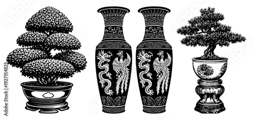 Set of traditional oriental decorative elements including bonsai trees and detailed vases with dragon patterns
