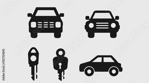 Silhouetted automotive icons showing different car fronts and sides, plus two key designs