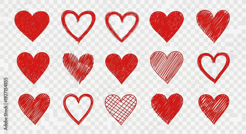 Collection of Red Hand-Drawn Hearts on Transparent Background, Love Symbols