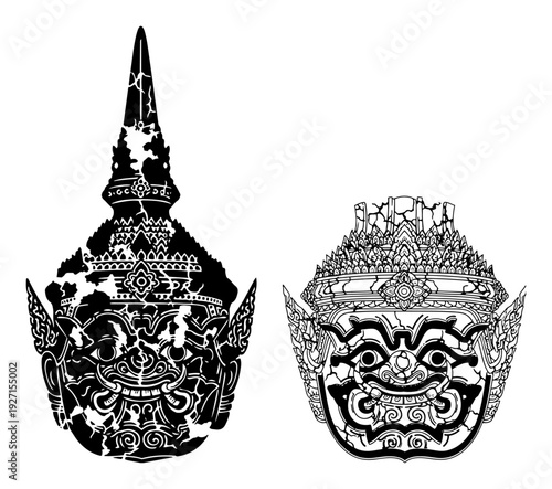 Traditional Thai giant yak mask head illustration in detailed ink sketch style