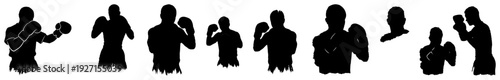 Collection of black silhouettes of boxers and fighters in combat poses