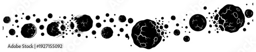 Collection of black asteroid silhouettes with impact and explosion fragments on white background