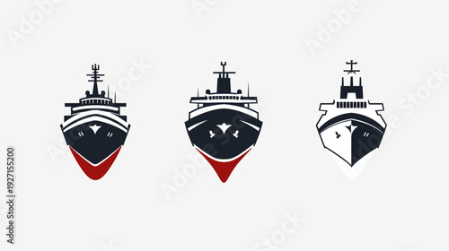 Three stylized, front-facing illustrations of ships, rendered in dark blue and red on a white background