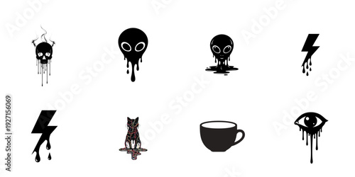 A collection of dripping dark grunge vector symbols and icons including a skull with horns, alien heads, lightning bolts, and a cat, all in a flat graphic style for various design projects