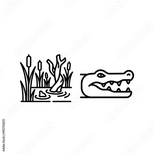 Serene swamp with cypress trees and still water in minimalist vector art, depicting a peaceful, natural environment.