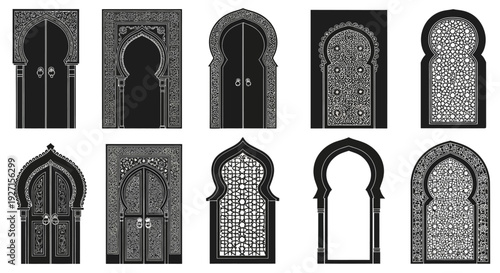 Collection of Ornate Moroccan Doors and Windows with Intricate Geometric Patterns