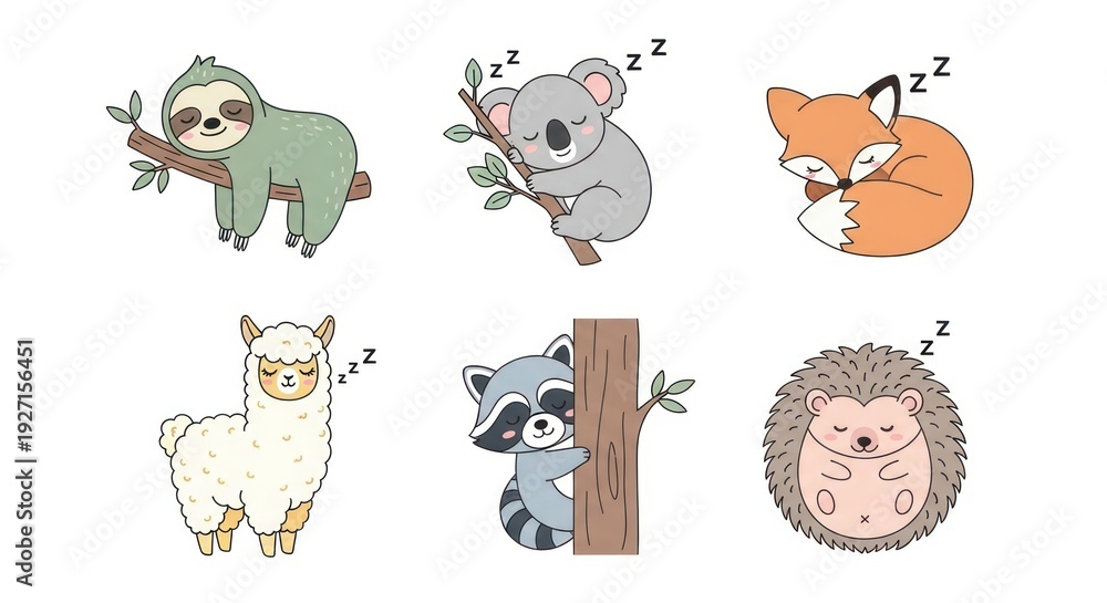 Obraz premium Cartoon animals collection sloth koala fox llama raccoon hedgehog illustrations