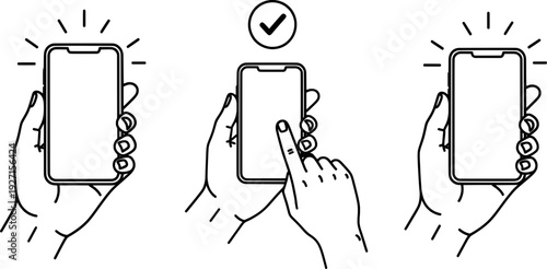 Hand holding smartphone with blank screen in three different states