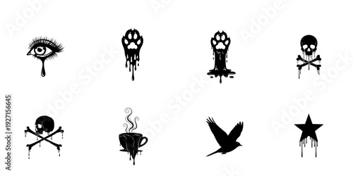 Set of gothic dripping icons with weeping eye animal paw prints skull and crossbones steaming coffee cup flying bird and melting star for graphic design use