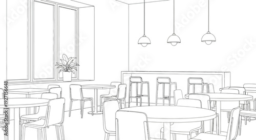 Minimalist line drawing of a cafe interior with tables chairs plants and a window on transparent background silhouette high quality professional