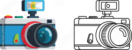 Two vintage camera illustrations one colored and one outlined ideal for design projects on transparent background silhouette high quality professional detailed