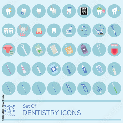 Set of Dentistry Icons. Dental Care and Oral Hygiene Flat Vector Collection