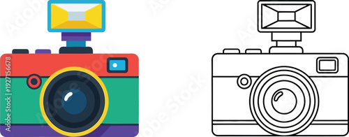 Two stylized camera illustrations one colored and one outlined providing versatile options for design work on transparent background silhouette high quality