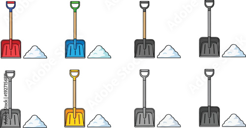 A collection of colorful snow shovels with piles of snow presented in a clean modern style on transparent background silhouette