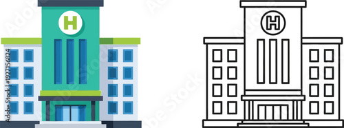 A colorful hospital building alongside its outline providing versatile design options on transparent background silhouette high quality professional detailed modern elegant