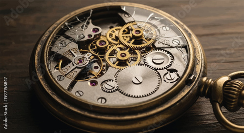 Close up of the intricate gears and mechanisms of a vintage pocket watch, a timeless piece of engineering