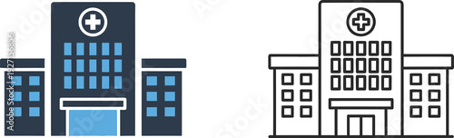 Two hospital building icons in filled and line styles representing healthcare facilities on transparent background silhouette high quality professional detailed modern