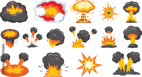 Cartoon explosion and fire blast effects set, comic bomb burst flames smoke impact icons collection
