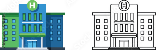 Colorful hospital building and its outline version ideal for medical graphics on transparent background silhouette high quality professional detailed modern elegant