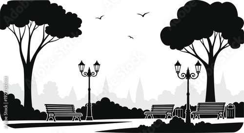 A black silhouette of trees benches and a cityscape with street lamps presented on transparent background high quality professional detailed modern