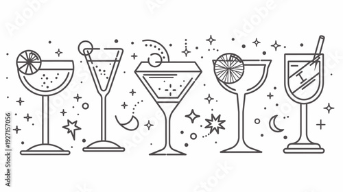 Linear illustration of five cocktail glasses with various garnishes, decorated with stars, and moons