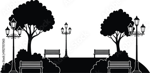 A scenic park landscape with trees benches and lampposts presented in a striking silhouette on transparent background high quality professional detailed