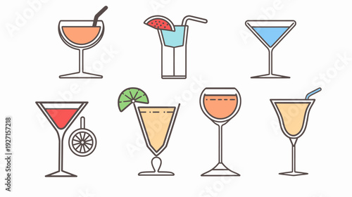 Collection of stylized cocktail illustrations in various glass shapes, with different colors and garnishes
