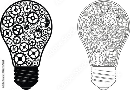 Two lightbulbs filled with intricate clockwork gears presented as a striking silhouette on transparent background high quality professional detailed modern elegant