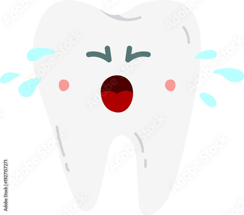 Crying tooth burst in tears. Cartoon oral health mascot