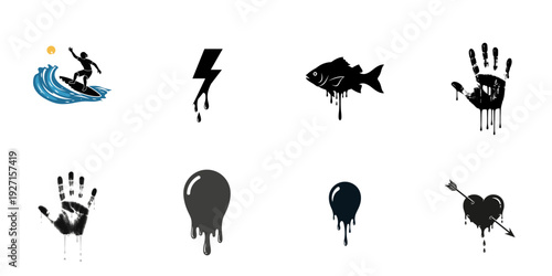 Collection of black melting icons featuring surfer lightning bolt fish handprints balloons and pierced heart for creative apparel graphics and stickers design