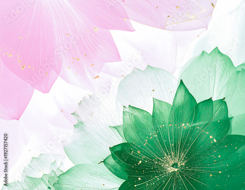 A soft pastel floral composition featuring translucent pink and green petals layered on a white background, accented with delicate gold flecks.