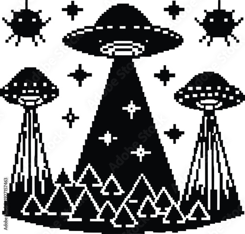 A black and white image of three ufos in the sky