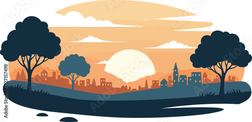 A stylized landscape featuring a town trees and a setting sun presented as a dark silhouette on transparent background high quality
