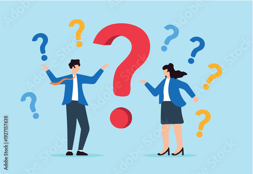 Flat illustration of businessman and businesswoman stand surrounded confused question mark doubt complexity complicated problem misunderstanding trouble