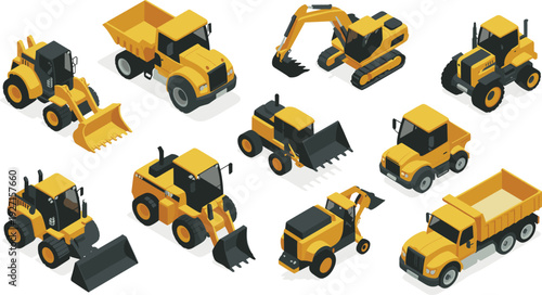 Isometric construction vehicles set with excavator, bulldozer, dump truck and loader heavy machinery illustration collection