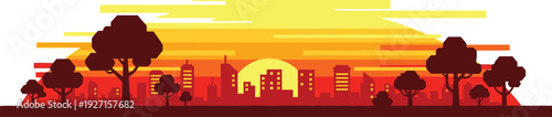 A vibrant cityscape silhouette against a warm sunset gradient featuring trees and buildings on transparent background high quality professional detailed modern
