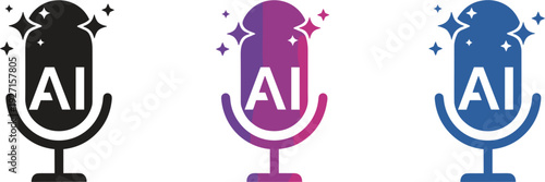Artificial intelligence microphone vector icon set with sparkle elements for AI voice assistant podcasting recording studio technology and smart vocal recognition software concept.