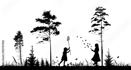 Silhouette of little girls in the forest catching butterflies . Not AI, vector illustration