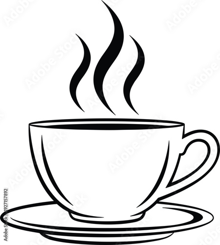 Black and white coffee cup icon with steam and saucer vector illustration for cafe menu break time breakfast morning ritual and hot beverage branding concept.