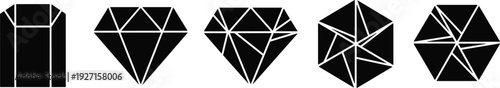 Black geometric diamond and crystal silhouette icon set with multifaceted gemstone shapes for jewelry branding luxury fashion logo design and mineral treasure concept.